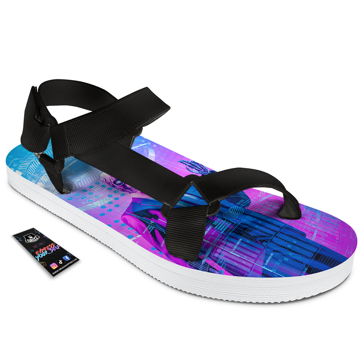 Purple Skeleton Cyber Print Black Open Toe Sandals-grizzshop