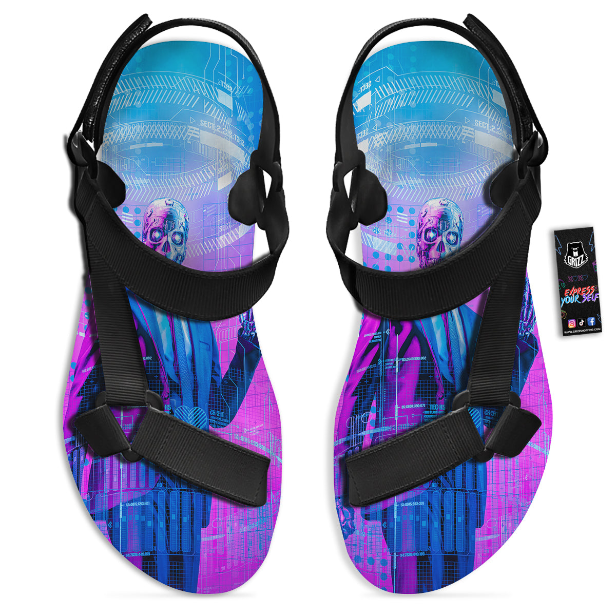 Purple Skeleton Cyber Print Black Open Toe Sandals-grizzshop