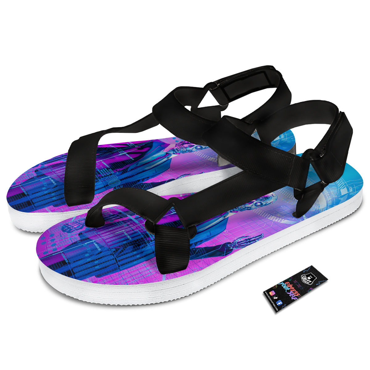 Purple Skeleton Cyber Print Black Open Toe Sandals-grizzshop