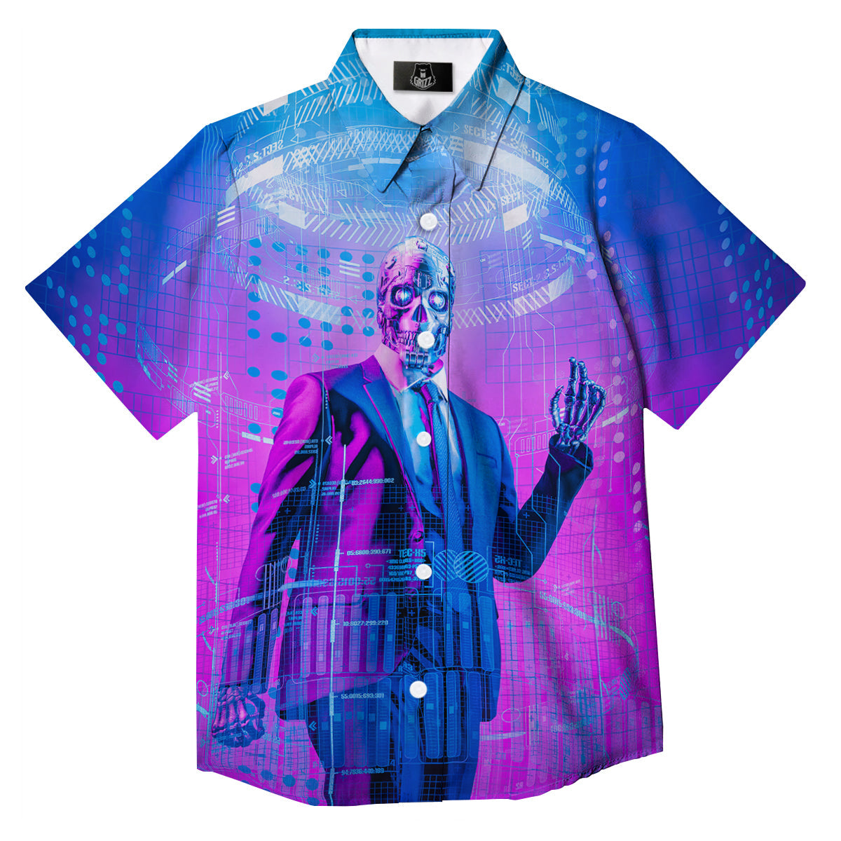 Purple Skeleton Cyber Print Button Up Shirt-grizzshop