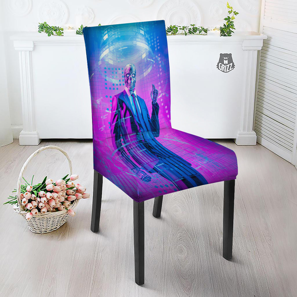 Purple Skeleton Cyber Print Dining Chair Slipcover-grizzshop