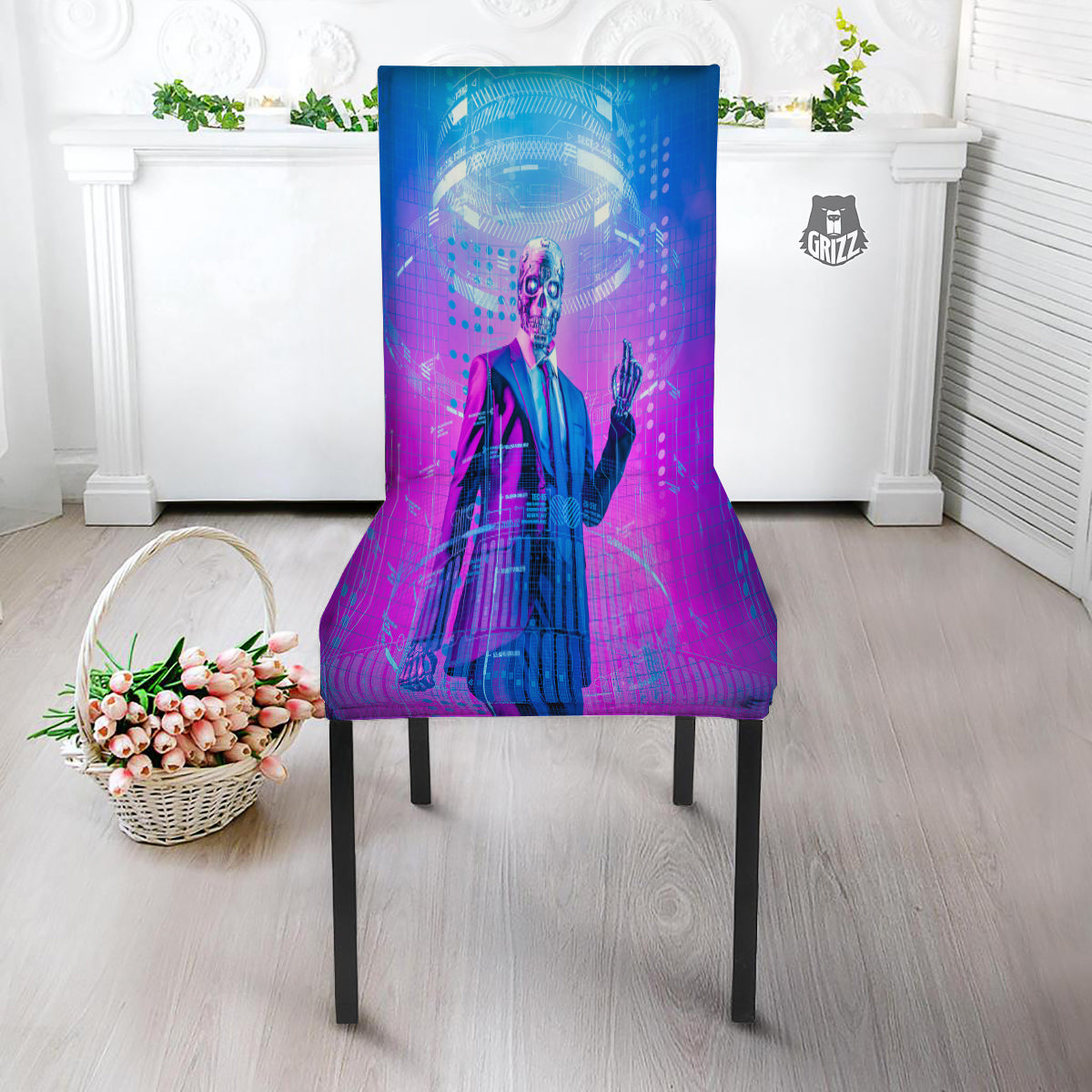 Purple Skeleton Cyber Print Dining Chair Slipcover-grizzshop