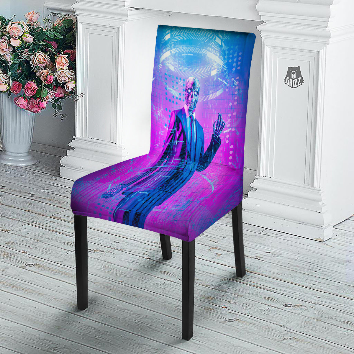 Purple Skeleton Cyber Print Dining Chair Slipcover-grizzshop