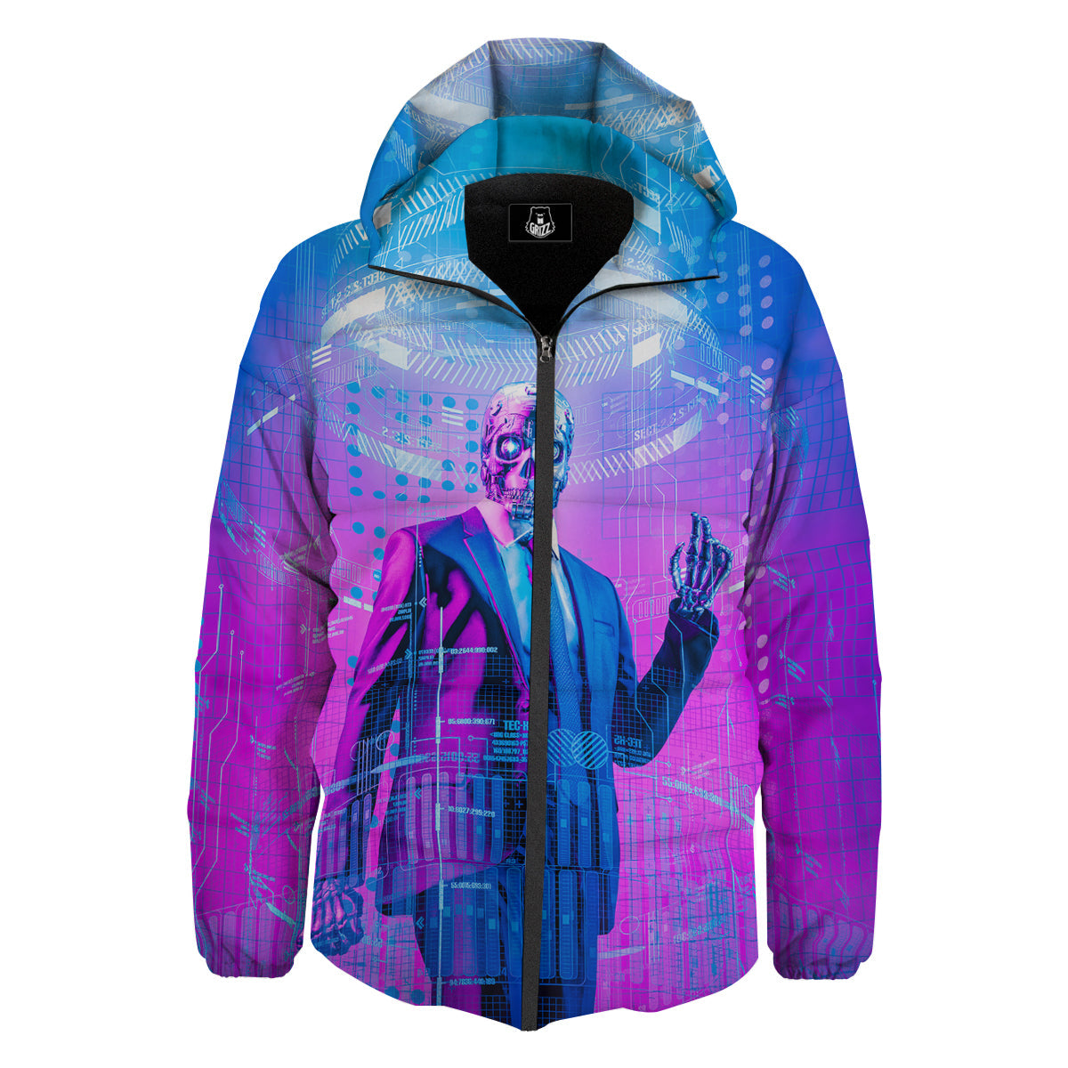Purple Skeleton Cyber Print Down Jacket-grizzshop