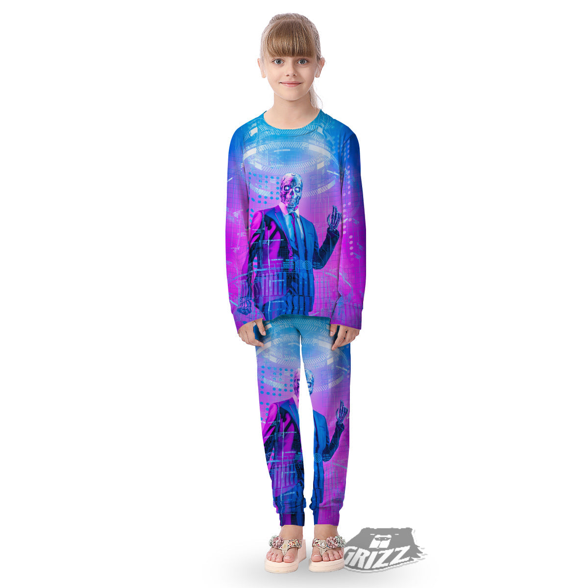 Purple Skeleton Cyber Print Kid's Pajamas-grizzshop