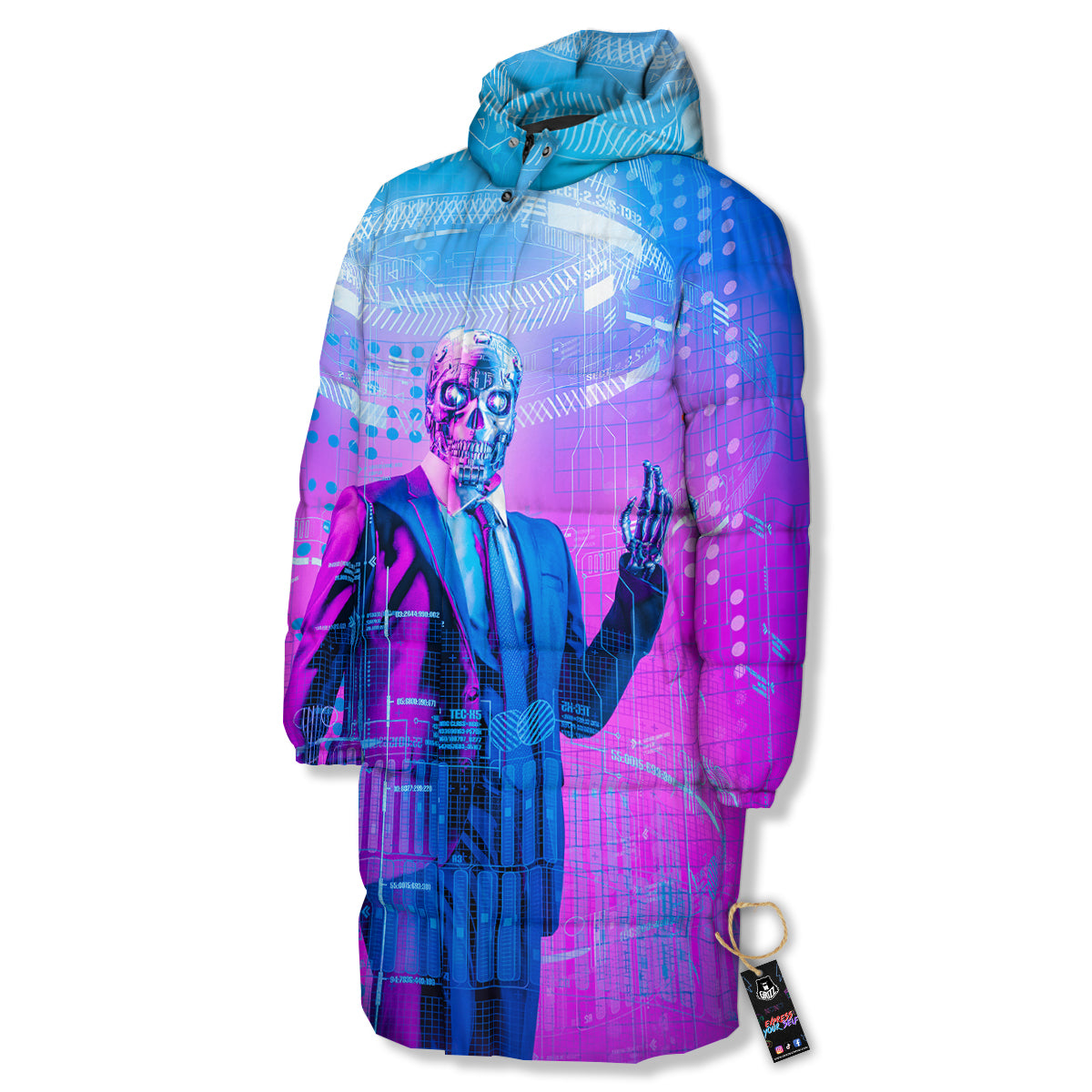 Purple Skeleton Cyber Print Long Down Jacket-grizzshop