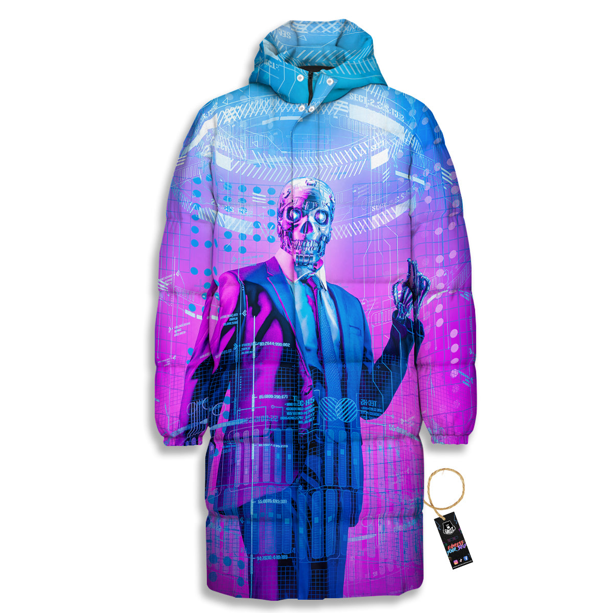 Purple Skeleton Cyber Print Long Down Jacket-grizzshop