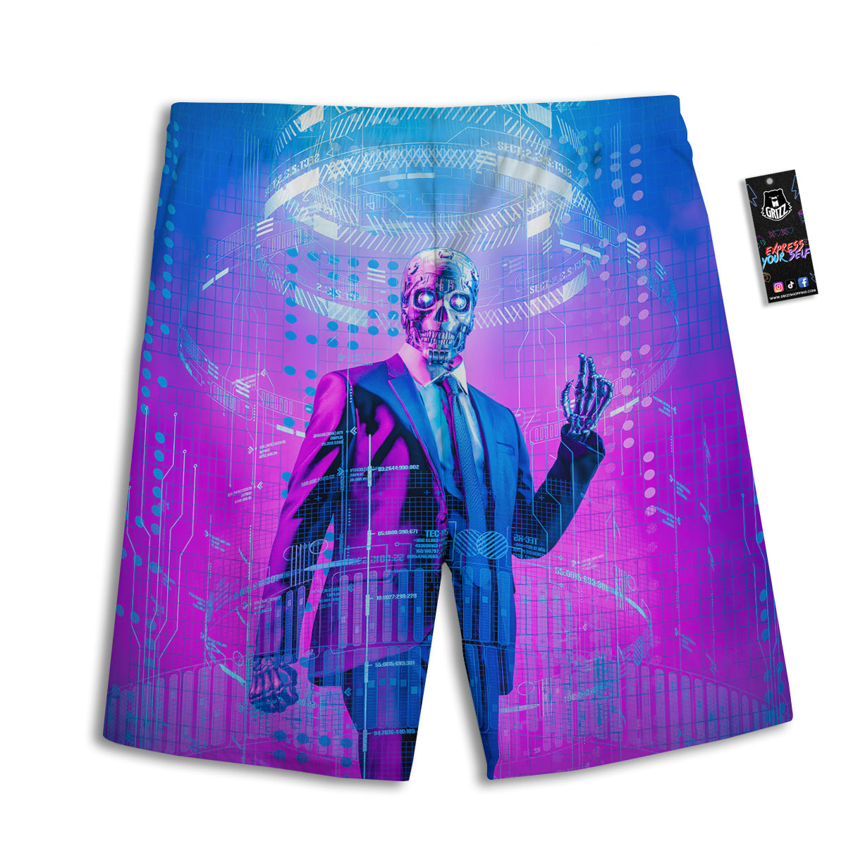 Purple Skeleton Cyber Print Men's Athletic Shorts
