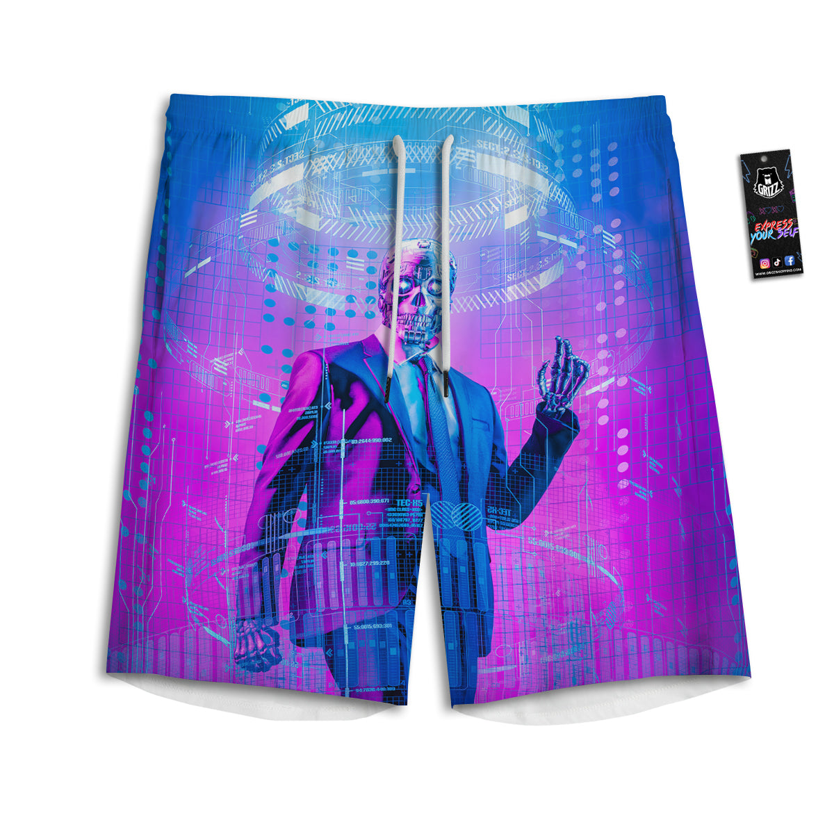 Purple Skeleton Cyber Print Men's Athletic Shorts