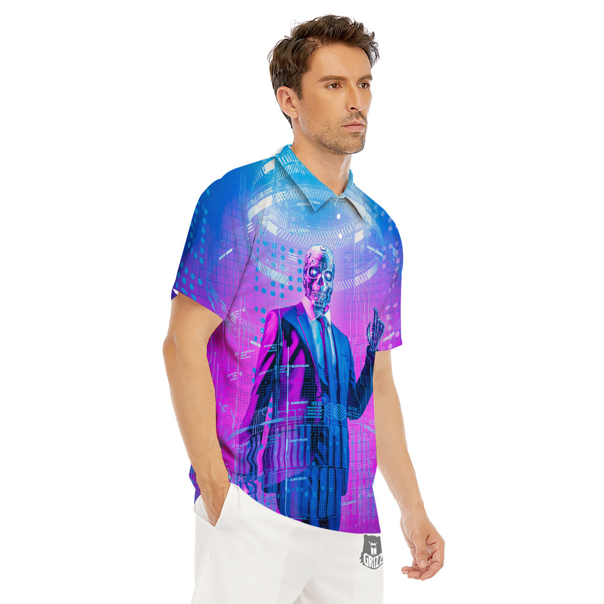 Purple Skeleton Cyber Print Men's Golf Shirts-grizzshop