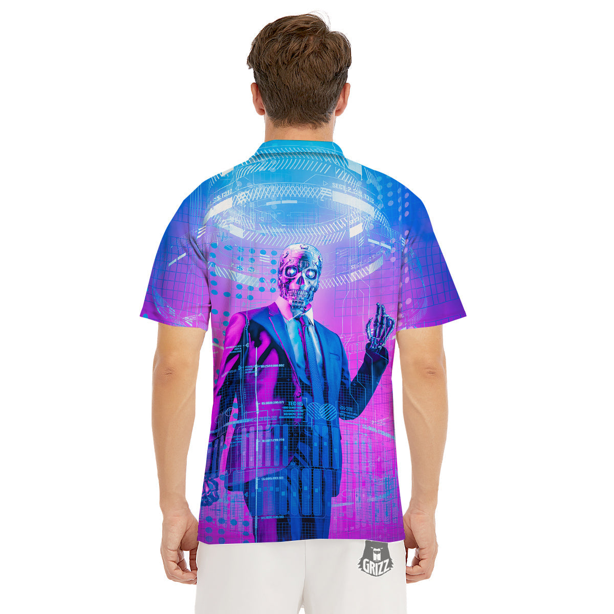 Purple Skeleton Cyber Print Men's Golf Shirts-grizzshop