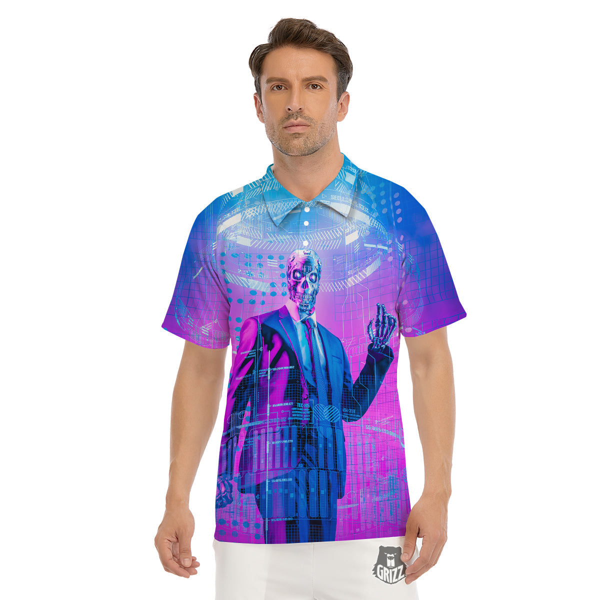 Purple Skeleton Cyber Print Men's Golf Shirts-grizzshop
