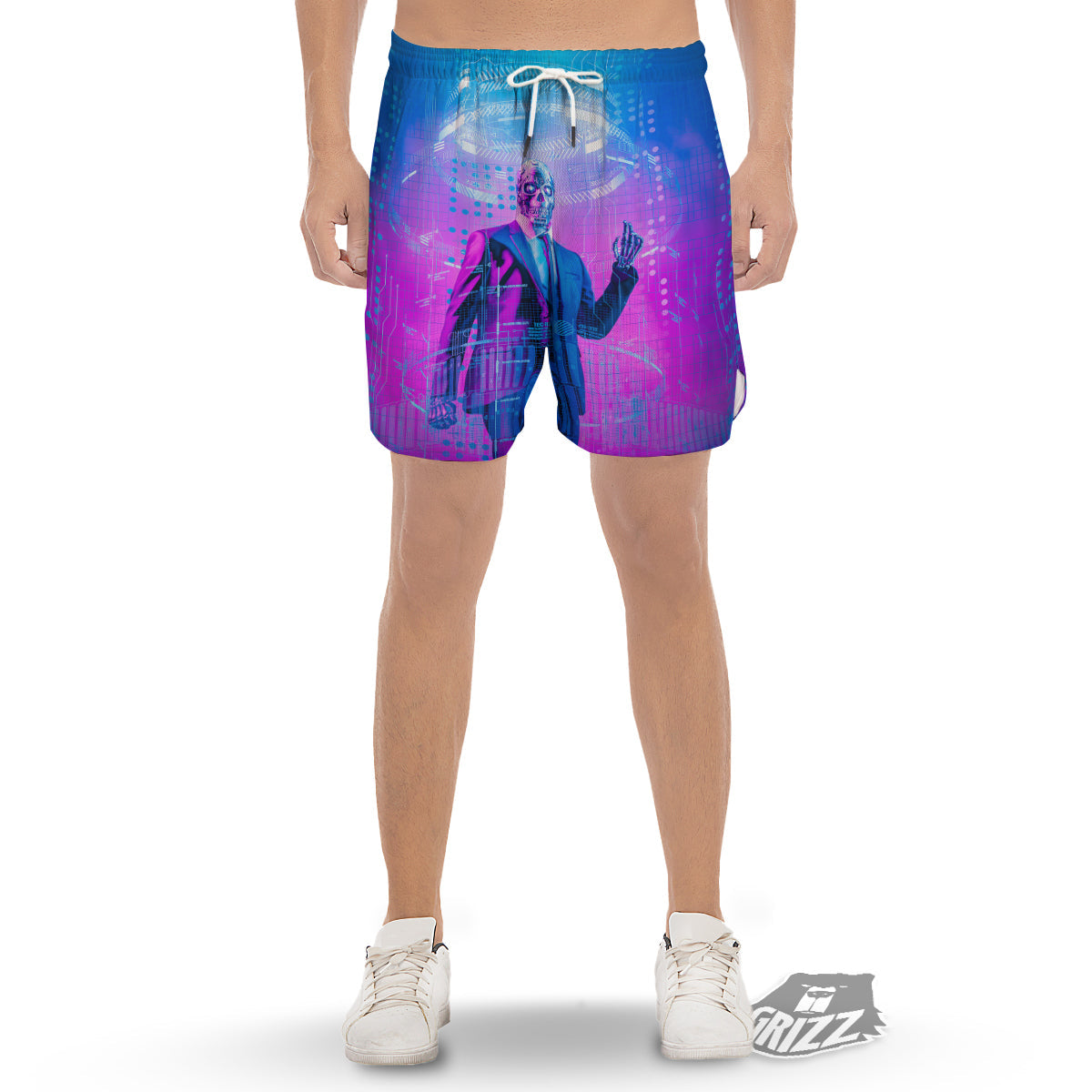 Purple Skeleton Cyber Print Men's Gym Shorts-grizzshop