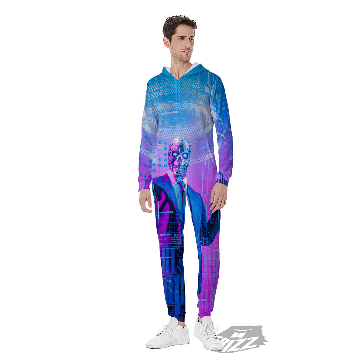 Purple Skeleton Cyber Print Men's Jumpsuit-grizzshop