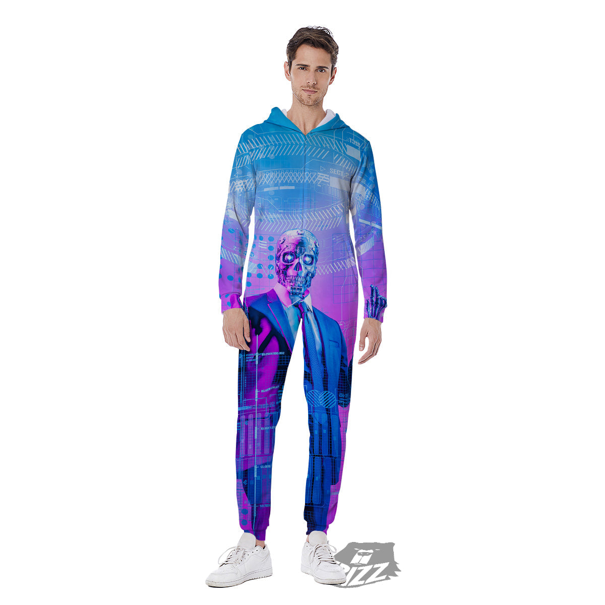 Purple Skeleton Cyber Print Men's Jumpsuit-grizzshop