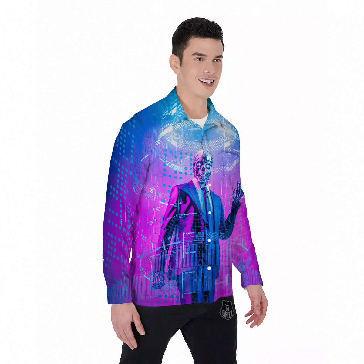 Purple Skeleton Cyber Print Men's Long Sleeve Shirts-grizzshop