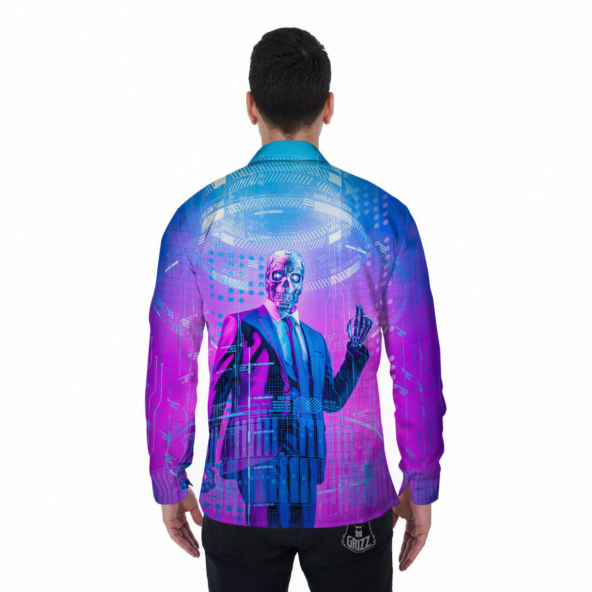 Purple Skeleton Cyber Print Men's Long Sleeve Shirts-grizzshop