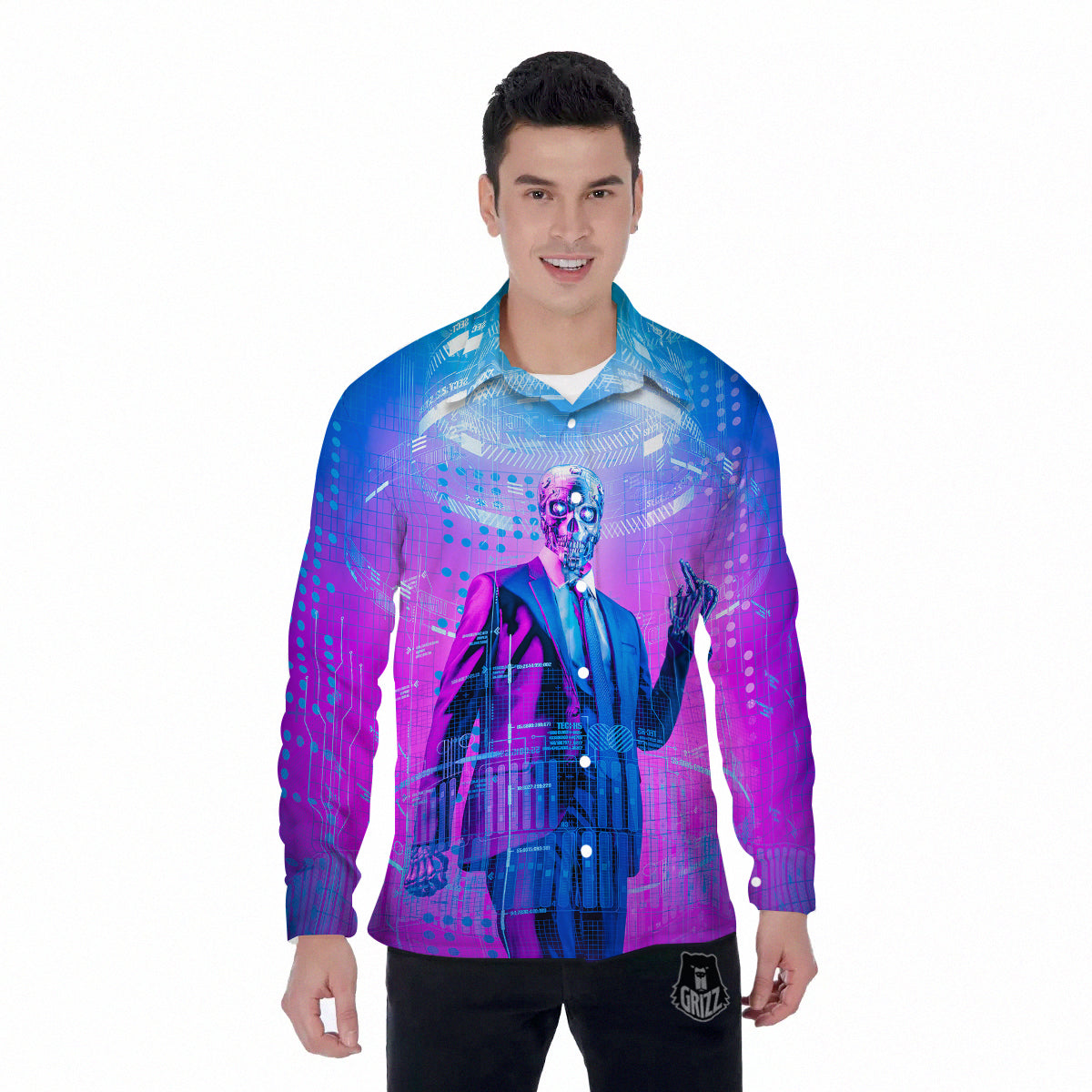 Purple Skeleton Cyber Print Men's Long Sleeve Shirts-grizzshop