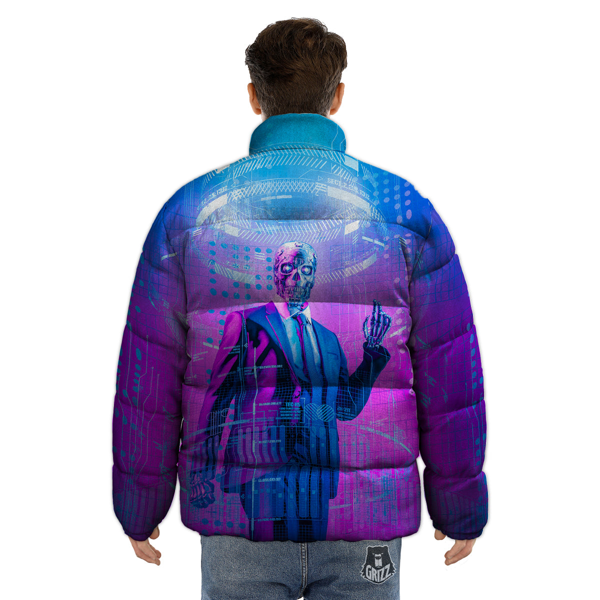 Purple Skeleton Cyber Print Puffer Jacket-grizzshop