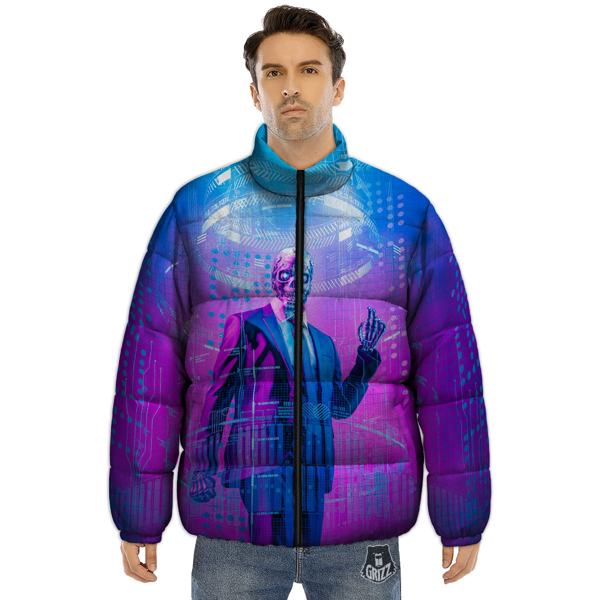 Purple Skeleton Cyber Print Puffer Jacket-grizzshop