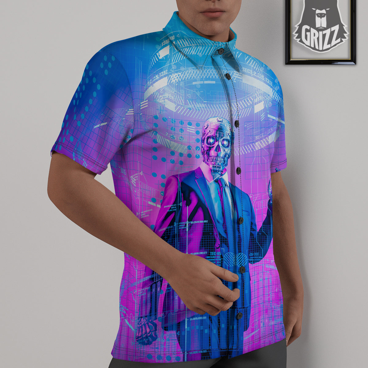 Purple Skeleton Cyber Print Untucked Shirts-grizzshop
