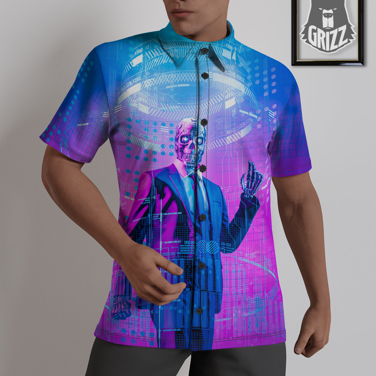 Purple Skeleton Cyber Print Untucked Shirts-grizzshop