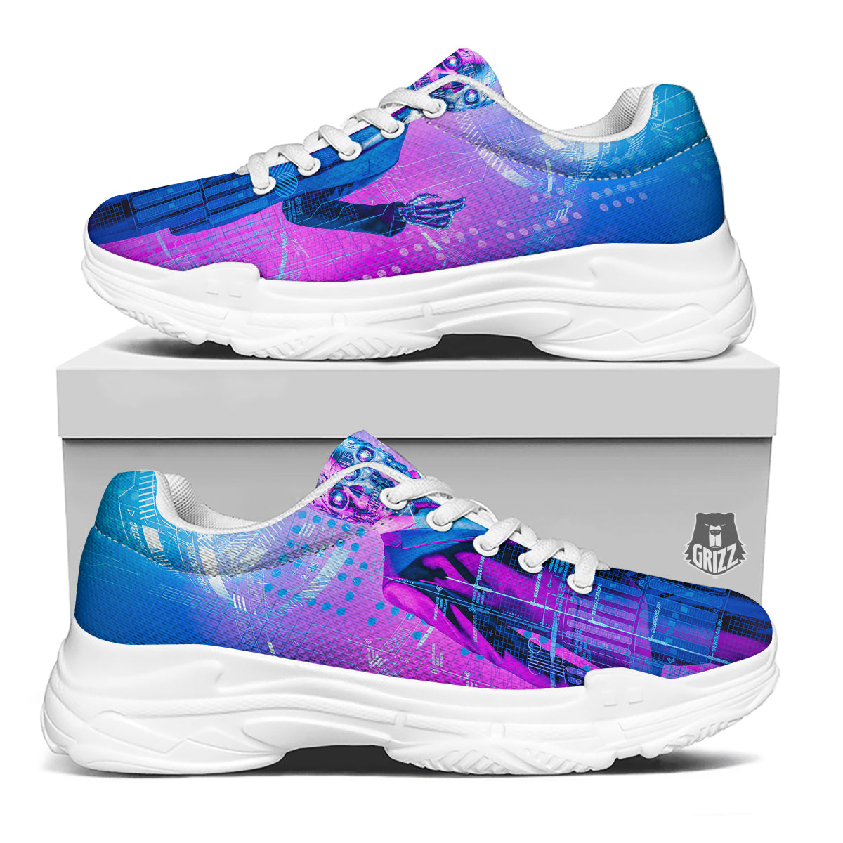 Purple Skeleton Cyber Print White Chunky Shoes-grizzshop