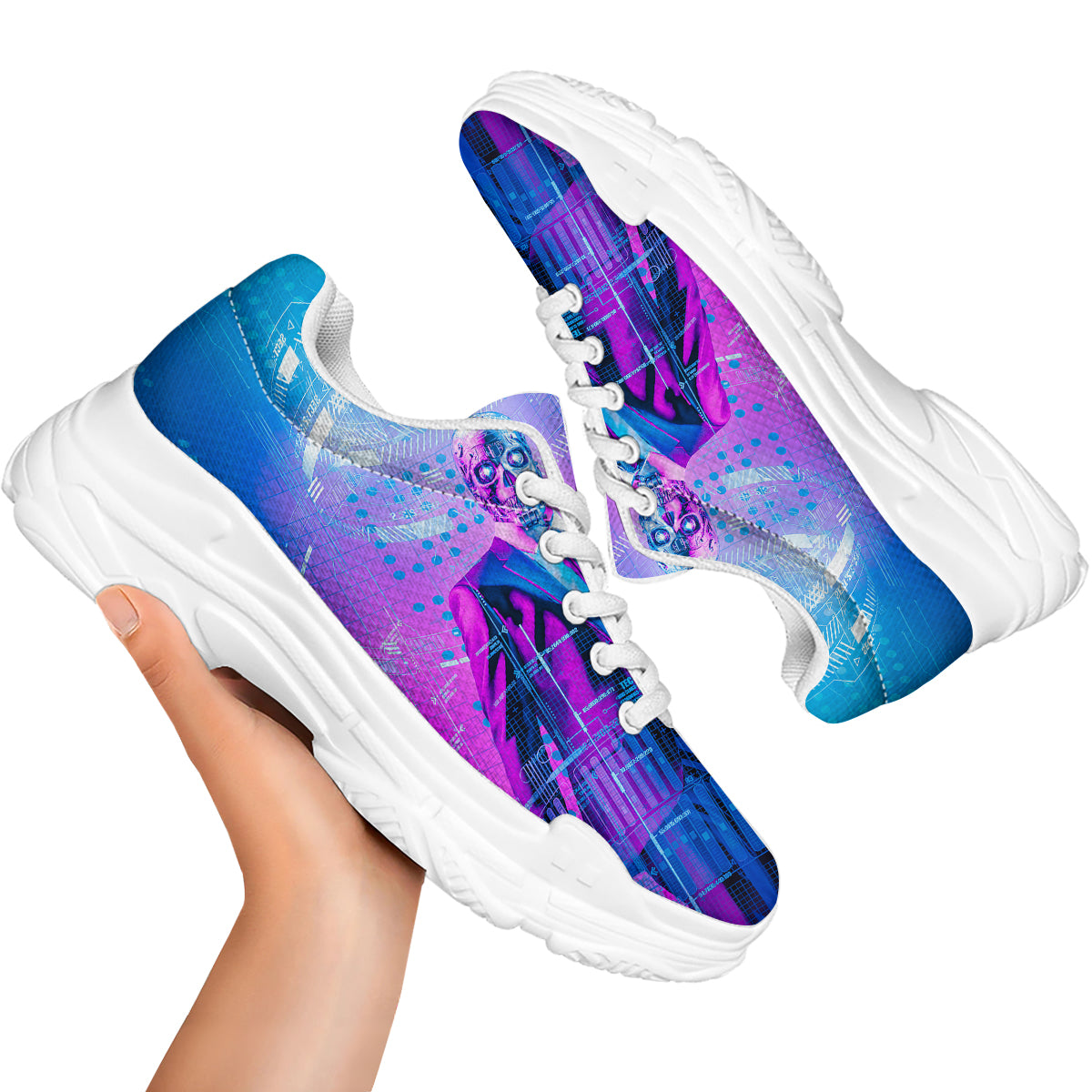 Purple Skeleton Cyber Print White Chunky Shoes-grizzshop