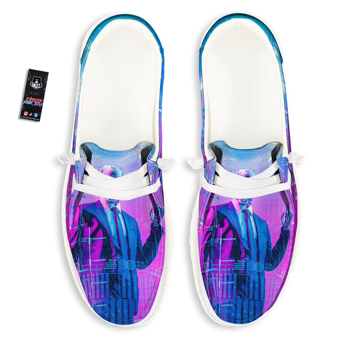 Purple Skeleton Cyber Print White Loafers-grizzshop