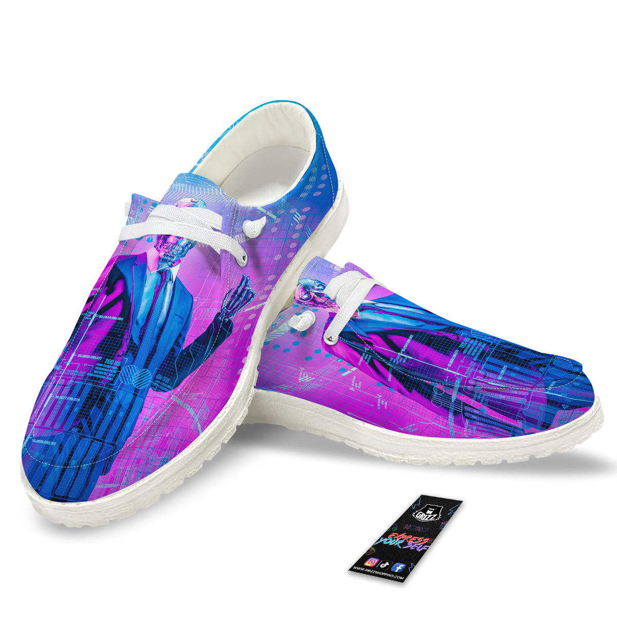 Purple Skeleton Cyber Print White Loafers-grizzshop