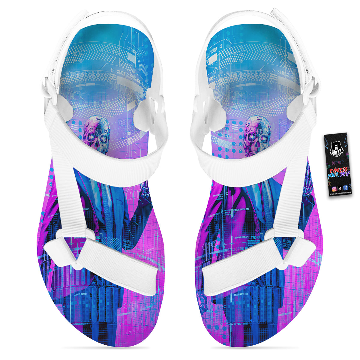 Purple Skeleton Cyber Print White Open Toe Sandals-grizzshop