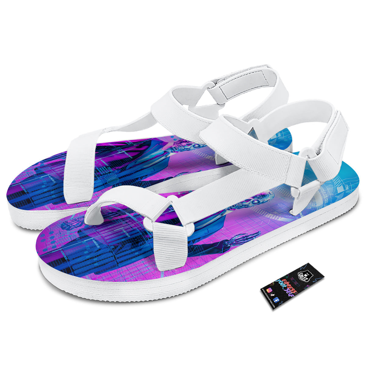 Purple Skeleton Cyber Print White Open Toe Sandals-grizzshop