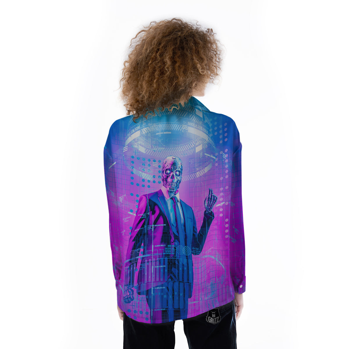 Purple Skeleton Cyber Print Women's Long Sleeve Shirts-grizzshop