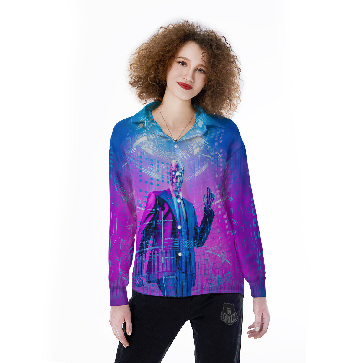 Purple Skeleton Cyber Print Women's Long Sleeve Shirts-grizzshop