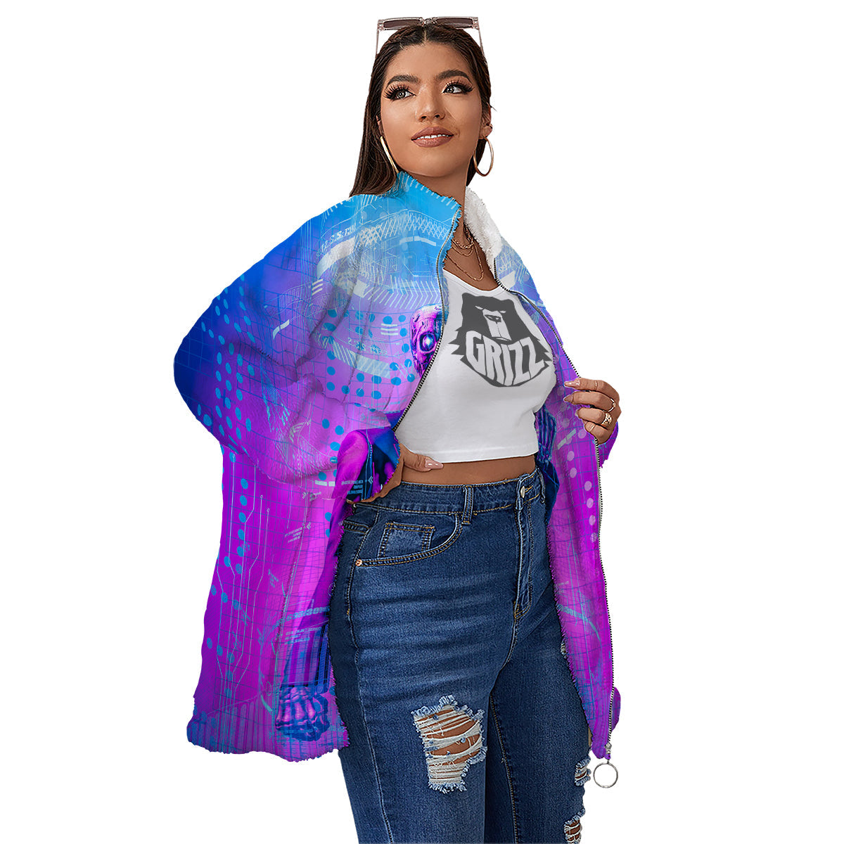 Purple Skeleton Cyber Print Women's Sherpa Jacket-grizzshop