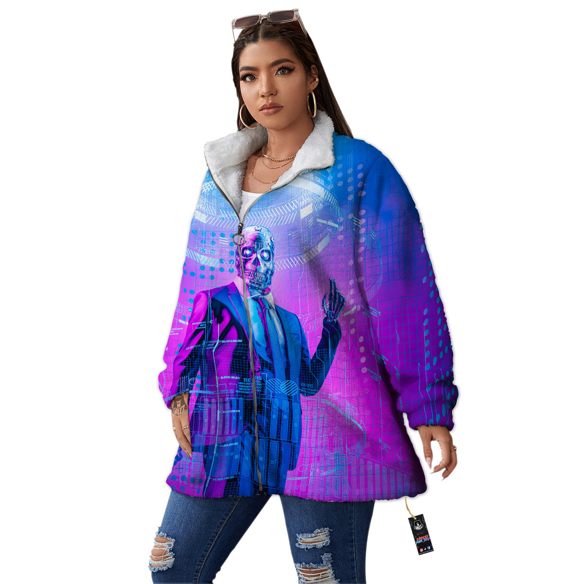 Purple Skeleton Cyber Print Women's Sherpa Jacket-grizzshop