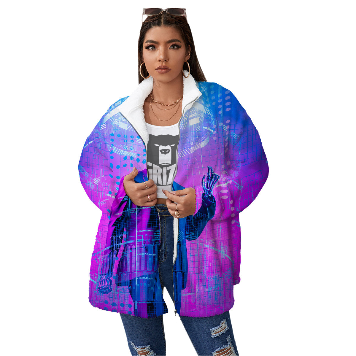 Purple Skeleton Cyber Print Women's Sherpa Jacket-grizzshop