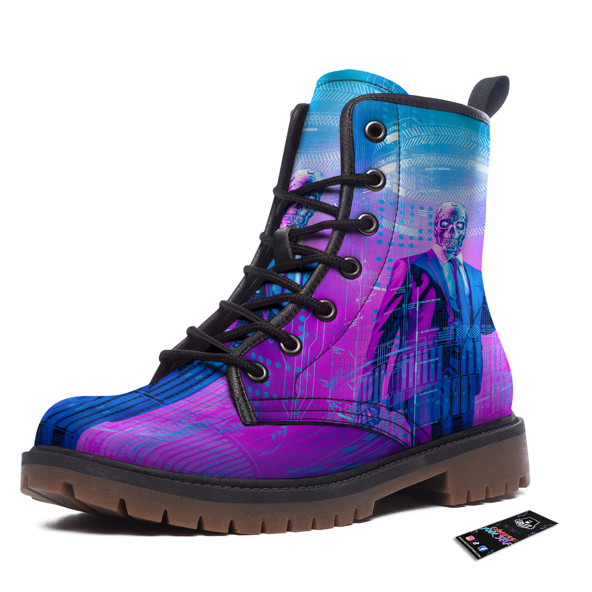 Purple Skeleton Cyber Print Work Boots-grizzshop