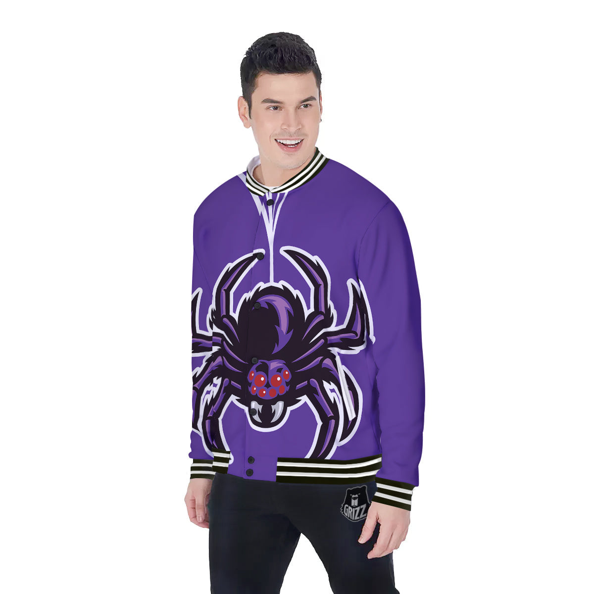 Purple Spider Print Baseball Jacket-grizzshop