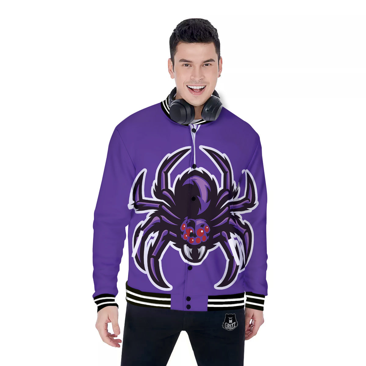 Purple Spider Print Baseball Jacket-grizzshop