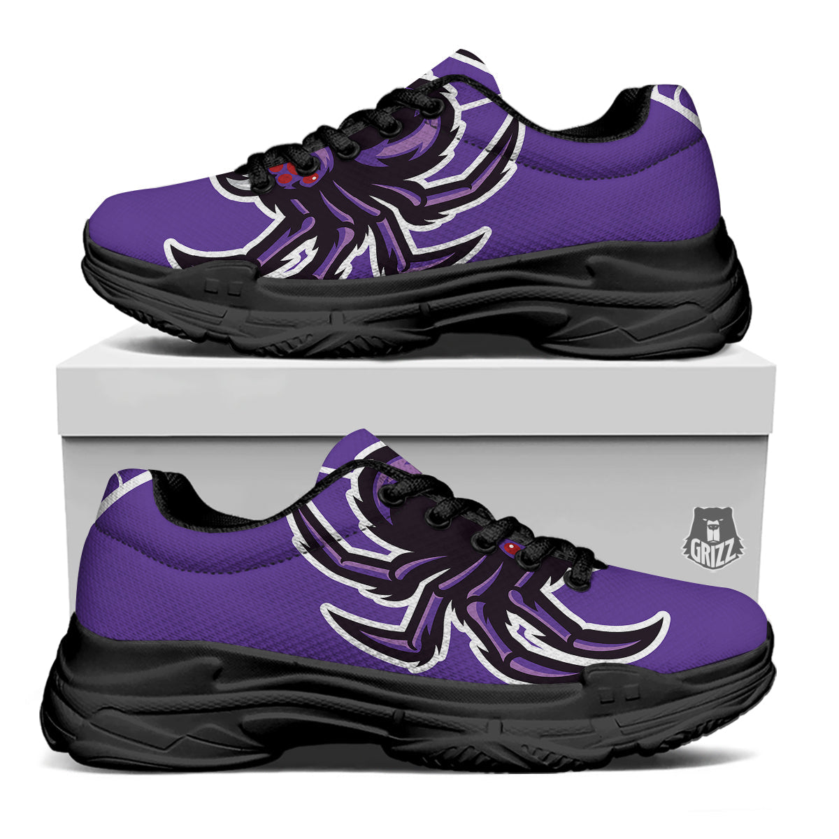 Purple Spider Print Black Chunky Shoes-grizzshop
