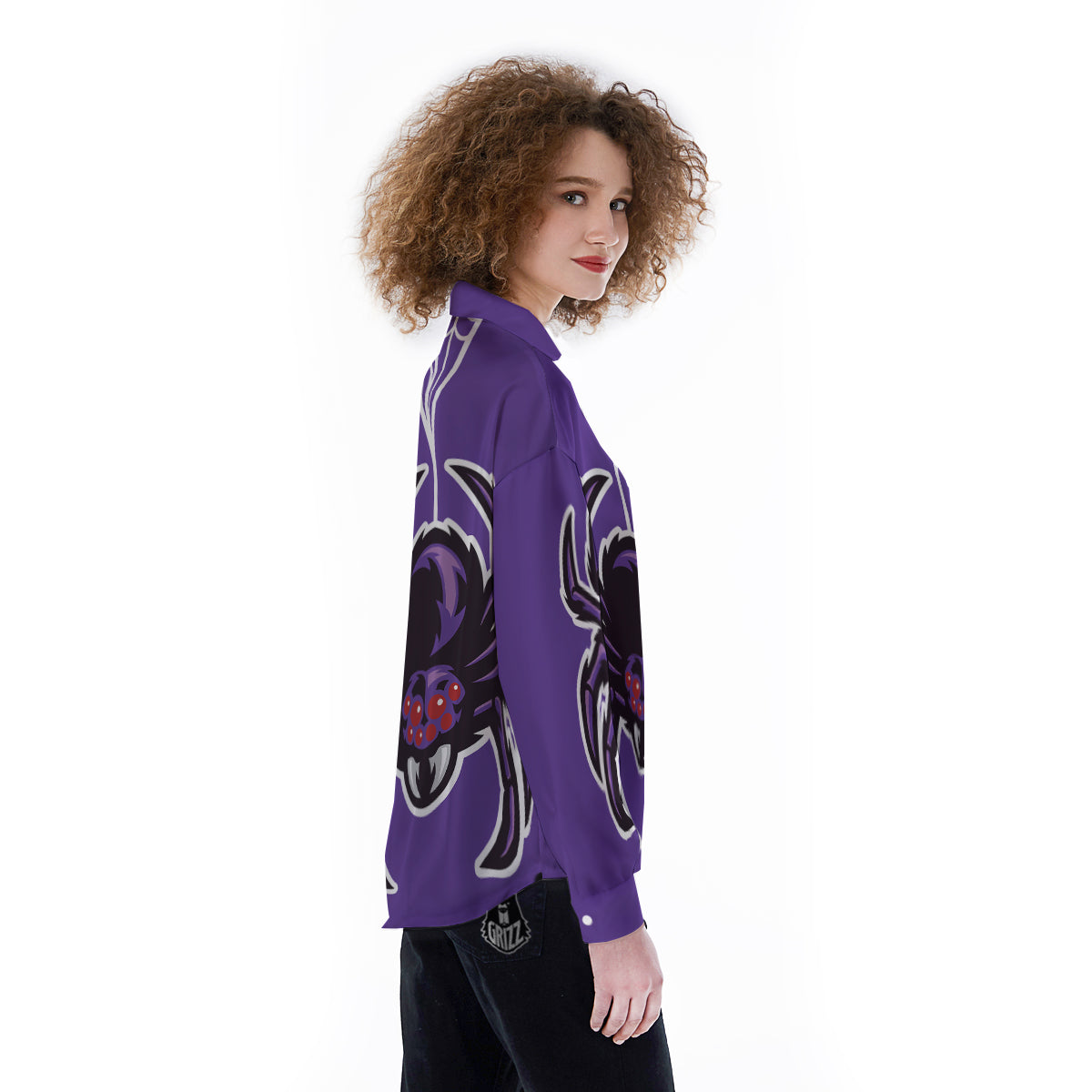 Purple Spider Print Women's Long Sleeve Shirts-grizzshop