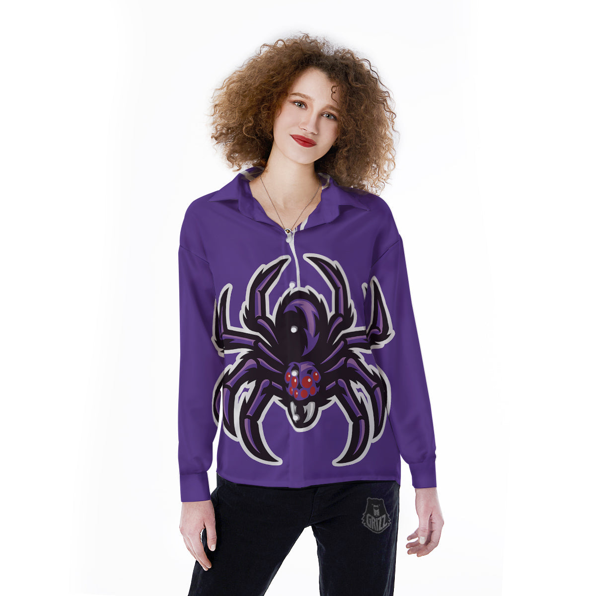 Purple Spider Print Women's Long Sleeve Shirts-grizzshop