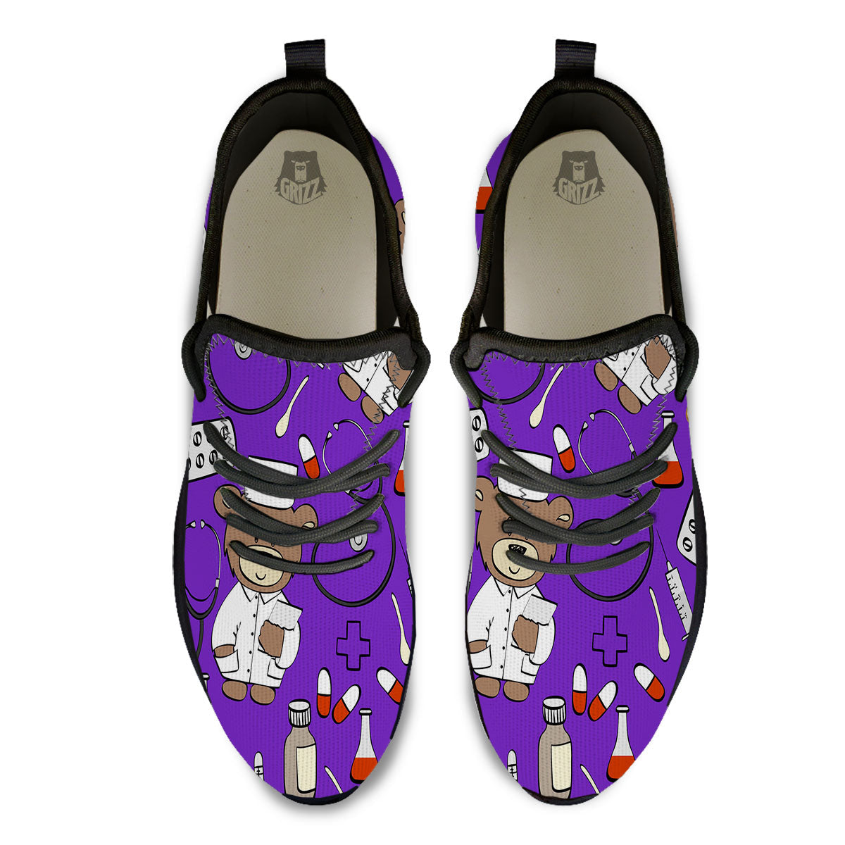 Purple Teddy Bear Nurse Black Athletic Shoes-grizzshop