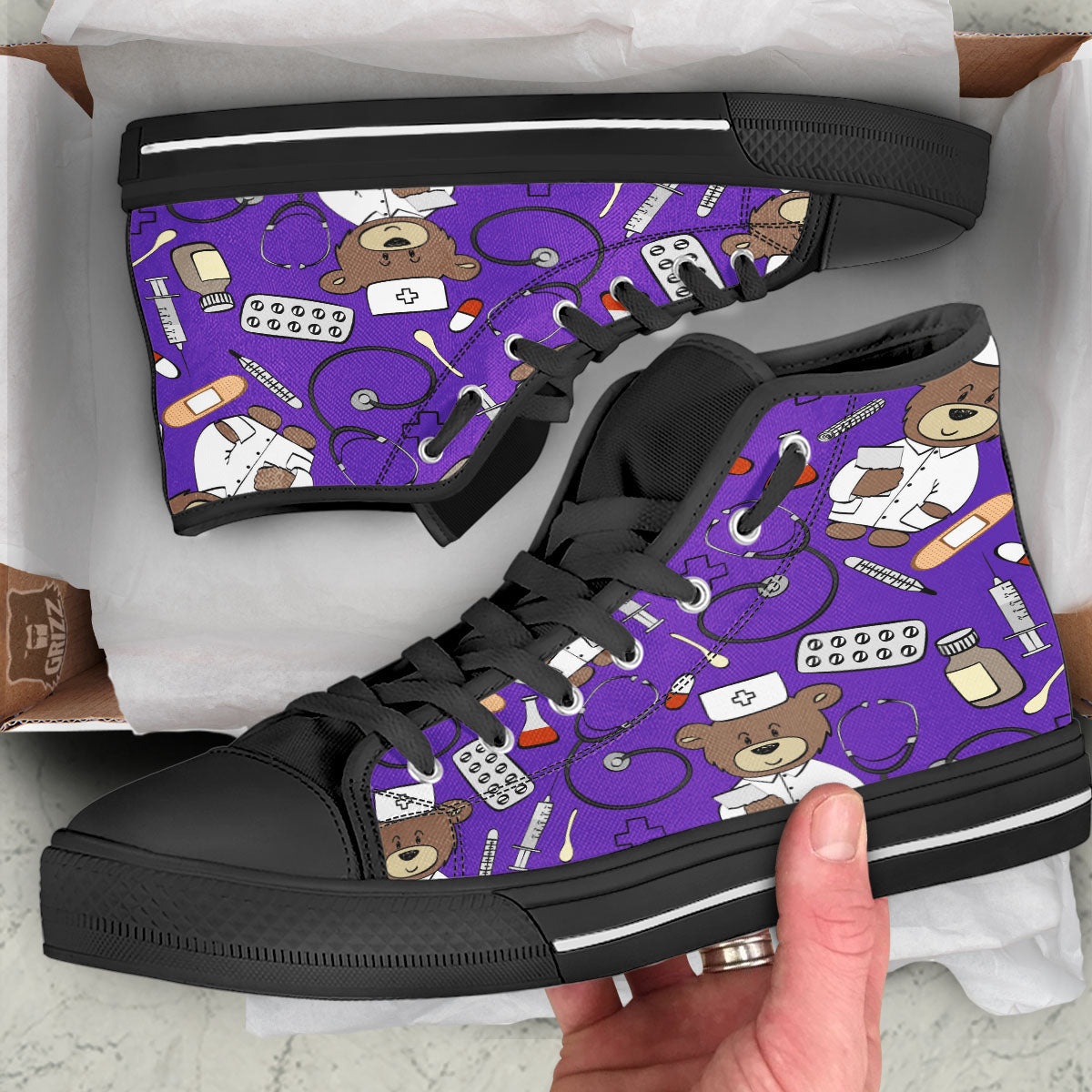 Purple Teddy Bear Nurse Black High Top Shoes-grizzshop