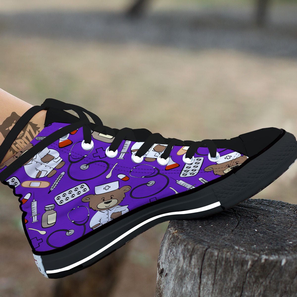 Purple Teddy Bear Nurse Black High Top Shoes-grizzshop
