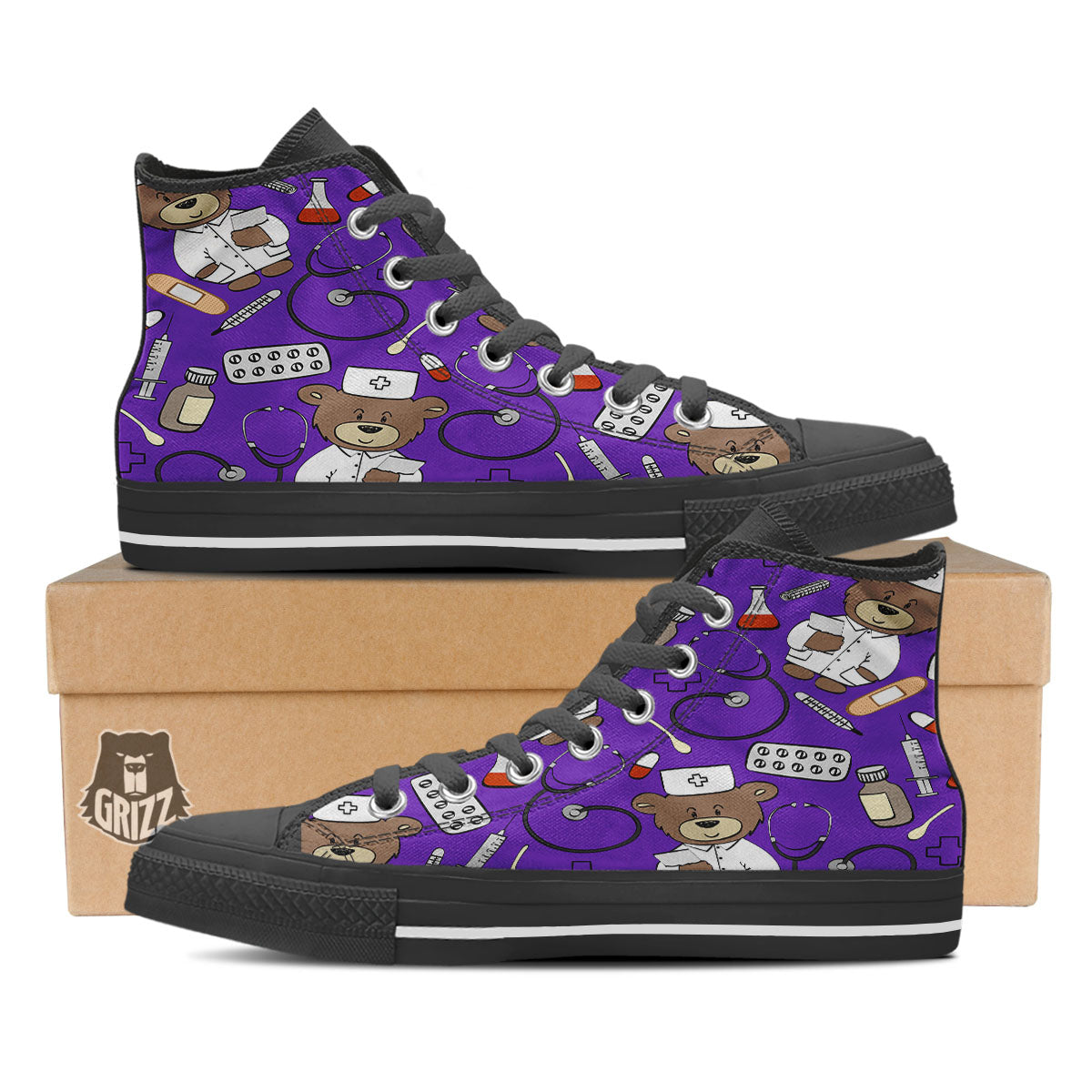 Purple Teddy Bear Nurse Black High Top Shoes-grizzshop