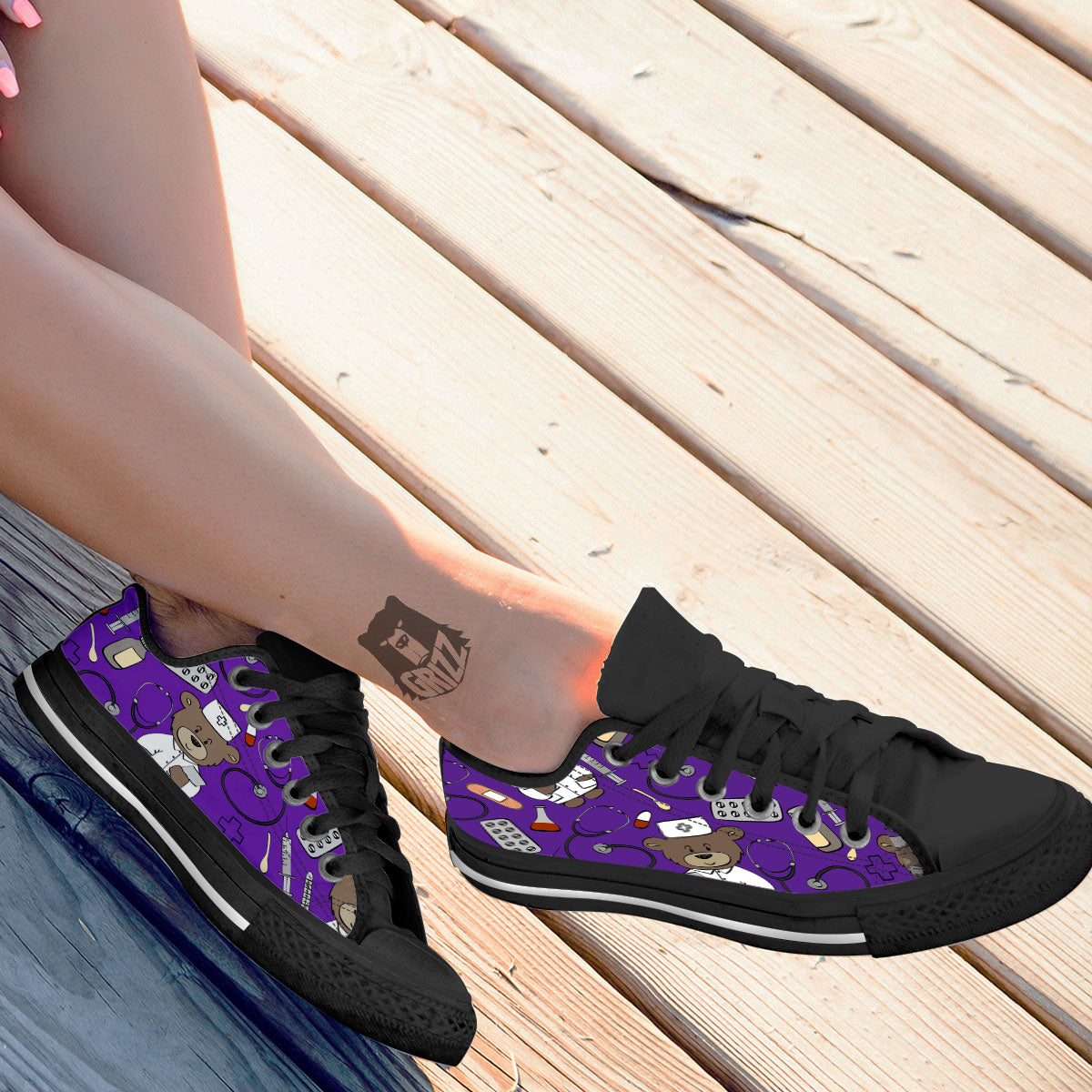 Purple Teddy Bear Nurse Black Low Top Shoes-grizzshop