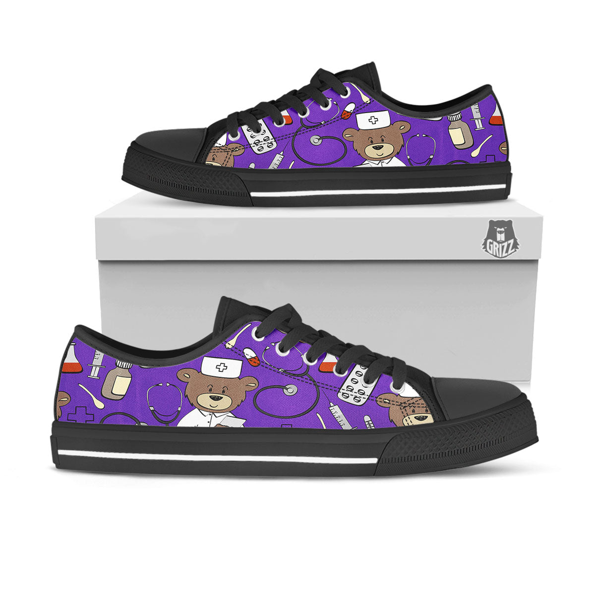 Purple Teddy Bear Nurse Black Low Top Shoes-grizzshop