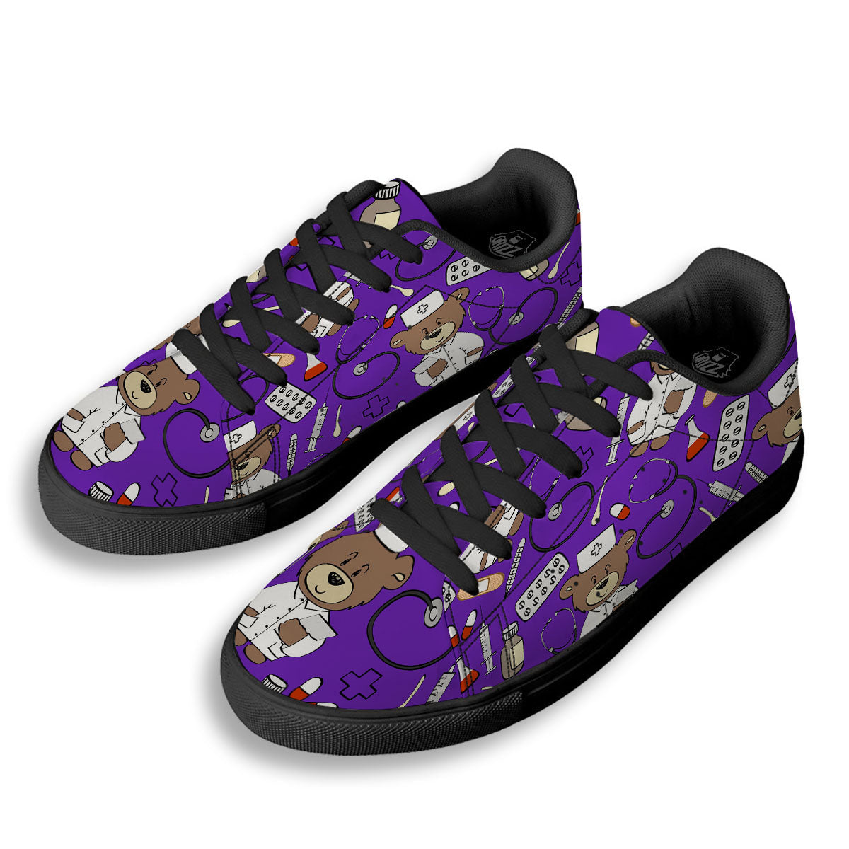 Purple Teddy Bear Nurse Black Low Top Sneakers-grizzshop
